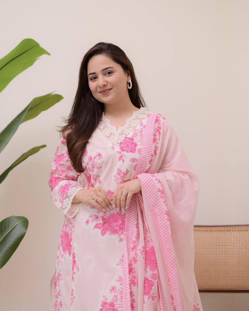 Gulbahar Pink Pakistani Lace Cotton Suit
