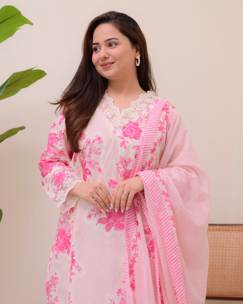 Gulbahar Pink Pakistani Lace Cotton Suit