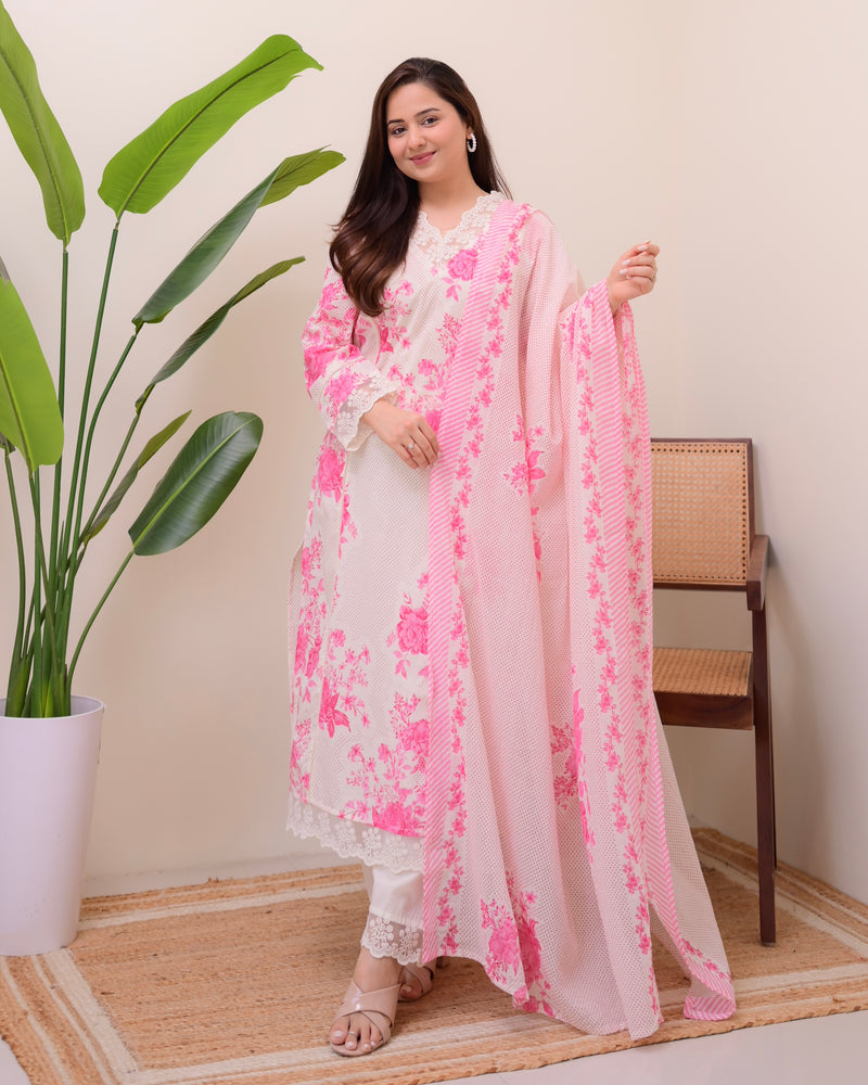 Gulbahar Pink Pakistani Lace Cotton Suit