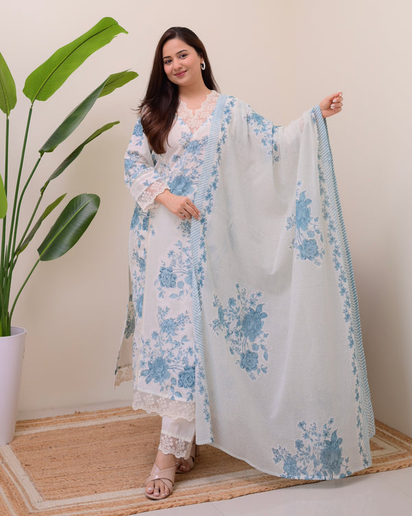 Azure Blue Pakistani Lace Cotton Suit