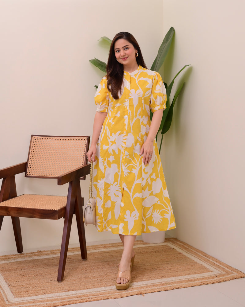 Yellow Floral Cotton A Line Dress