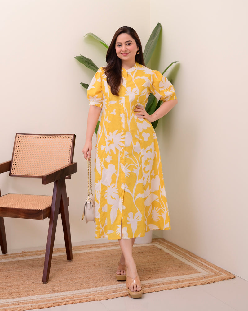 Yellow Floral Cotton A Line Dress