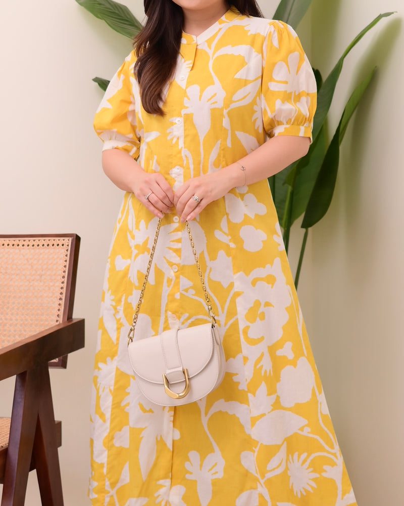 Yellow Floral Cotton A Line Dress