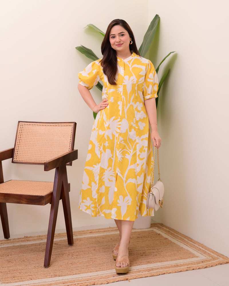 Yellow Floral Cotton A Line Dress