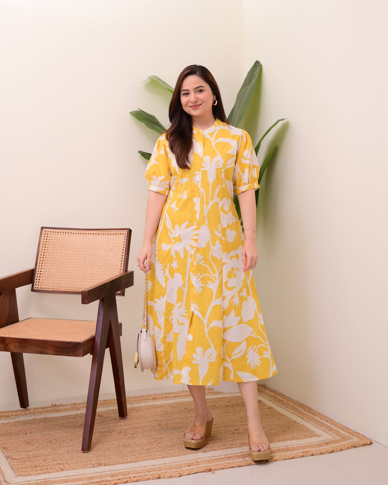 Yellow Floral Cotton A Line Dress