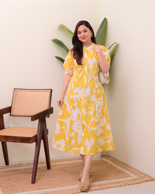 Yellow Floral Cotton A Line Dress