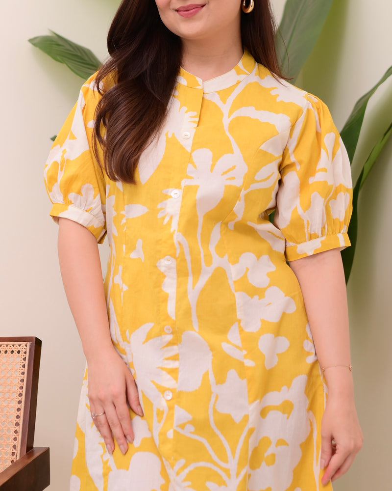 Yellow Floral Cotton A Line Dress