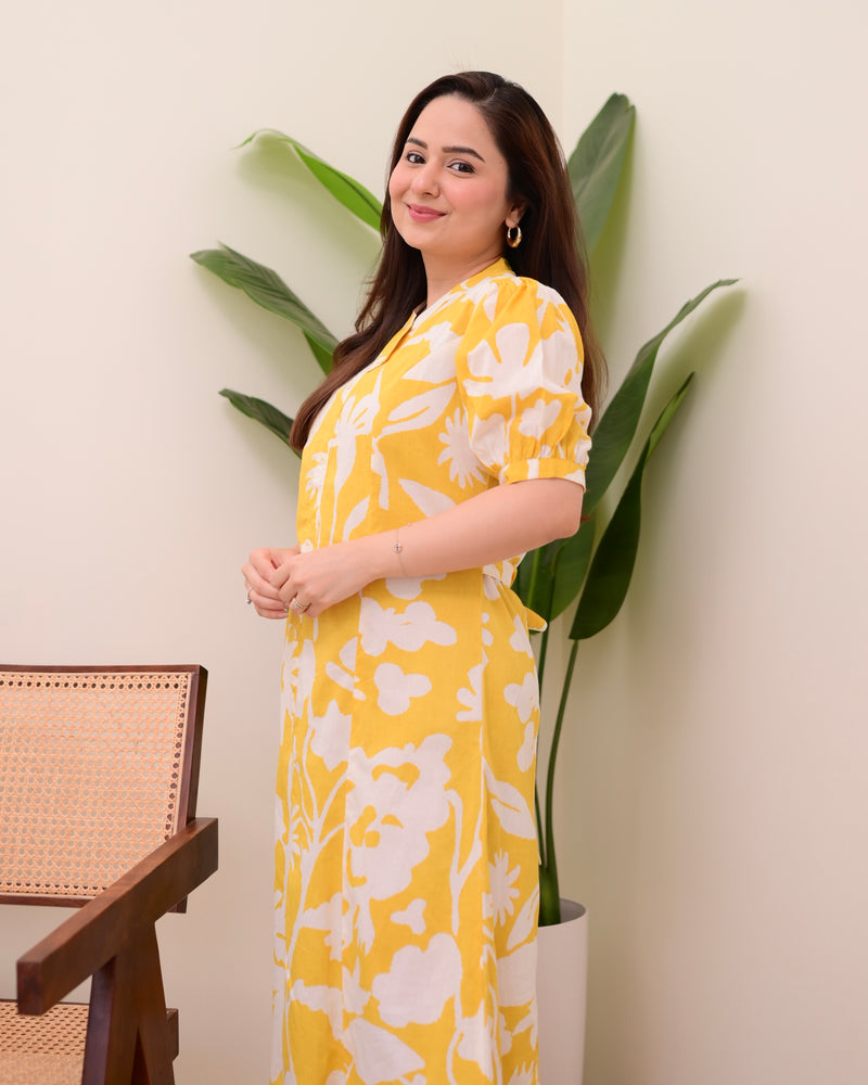 Yellow Floral Cotton A Line Dress