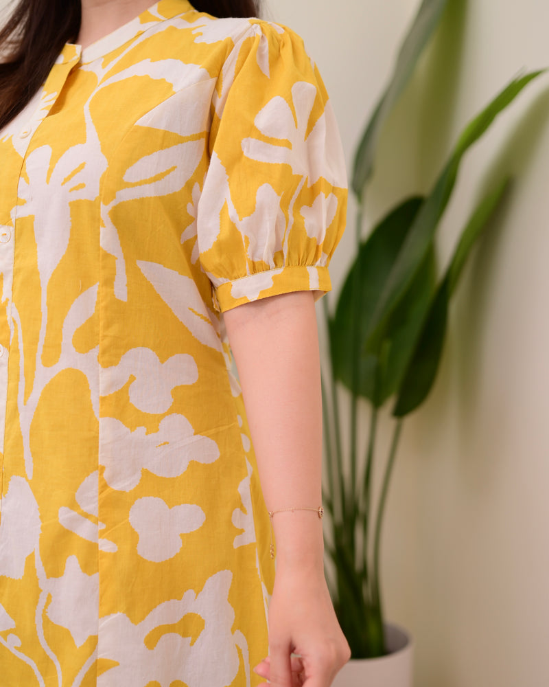 Yellow Floral Cotton A Line Dress
