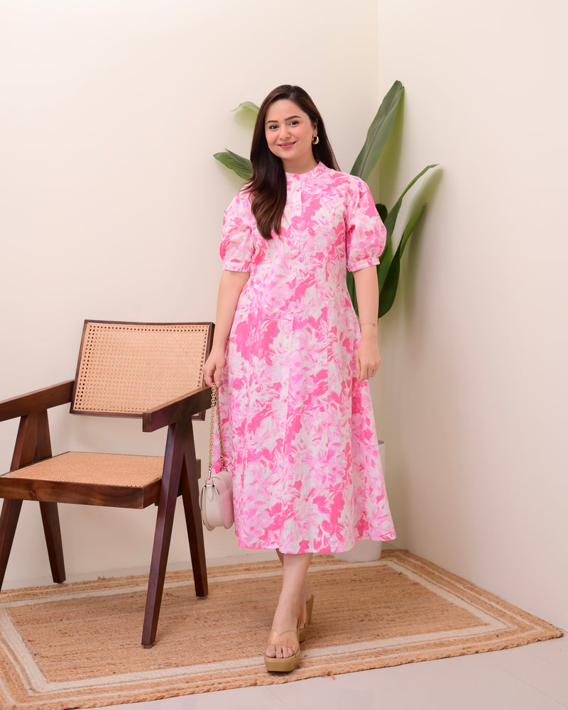 Pink Floral Cotton A Line Dress