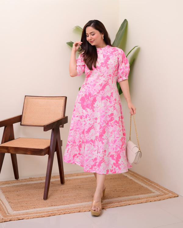 Pink Floral Cotton A Line Dress