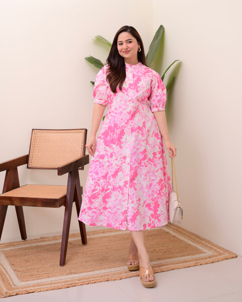 Pink Floral Cotton A Line Dress