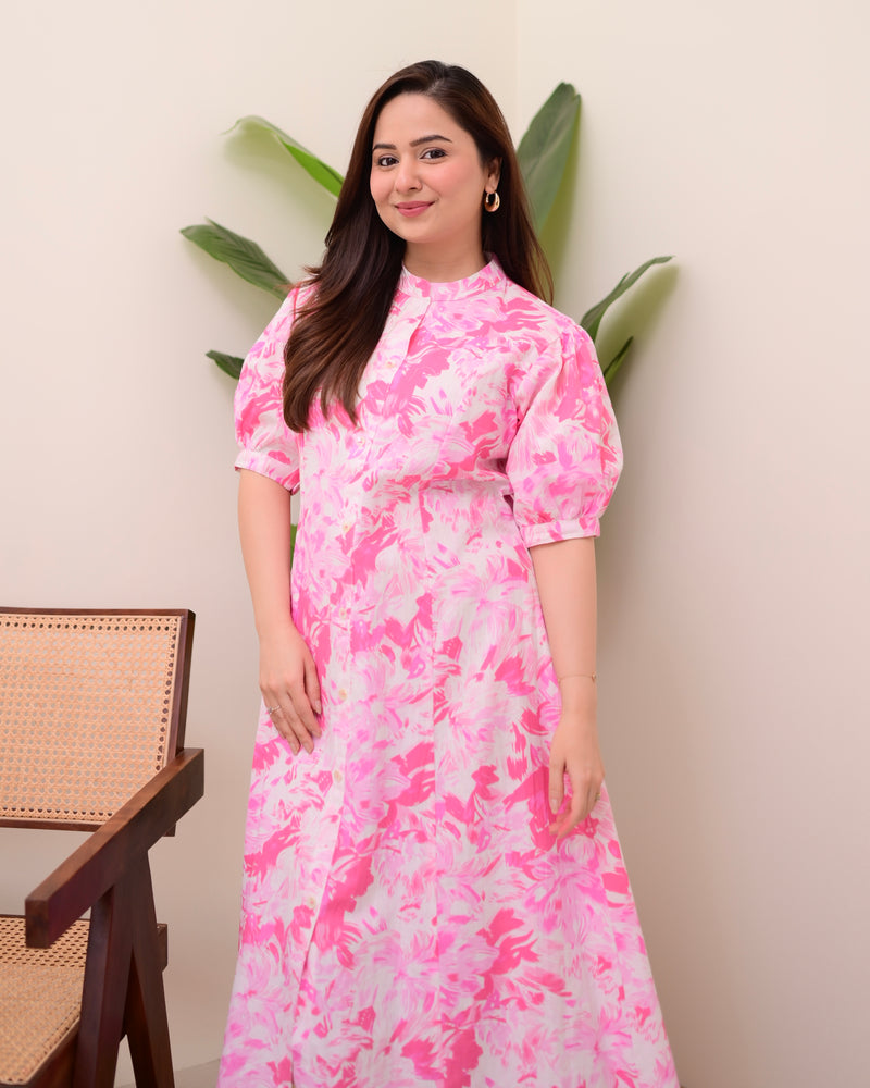 Pink Floral Cotton A Line Dress