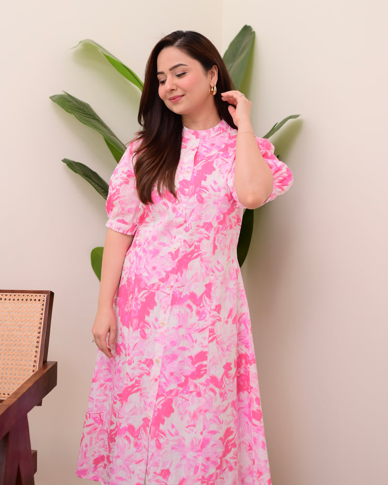 Pink Floral Cotton A Line Dress