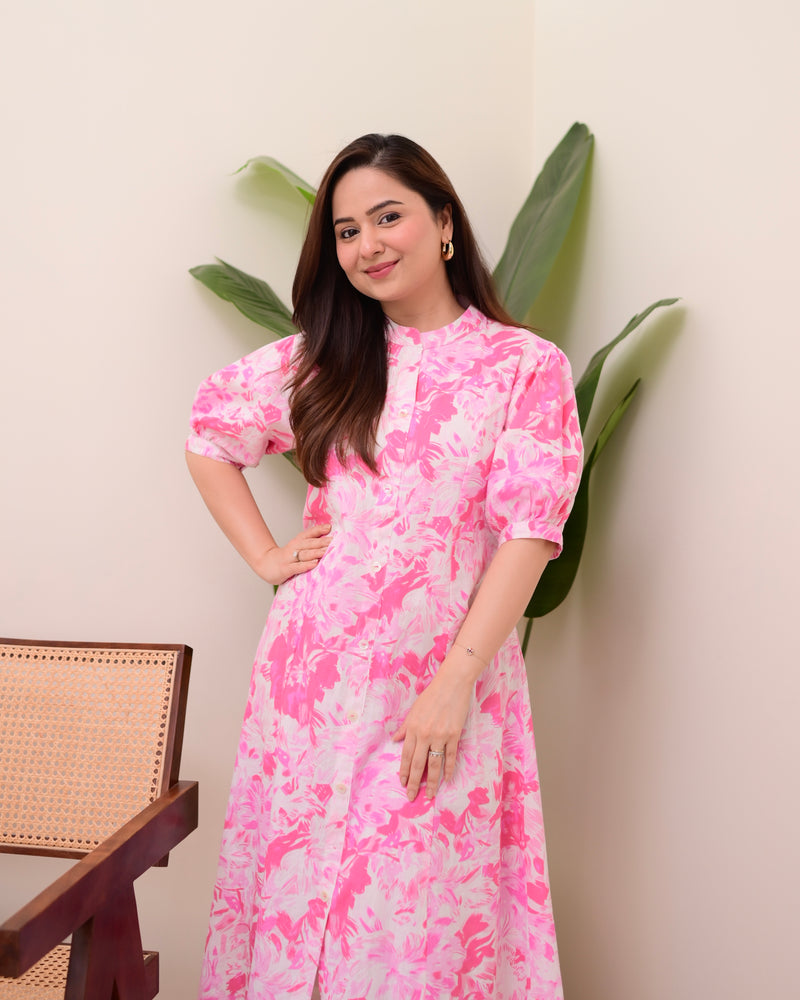 Pink Floral Cotton A Line Dress