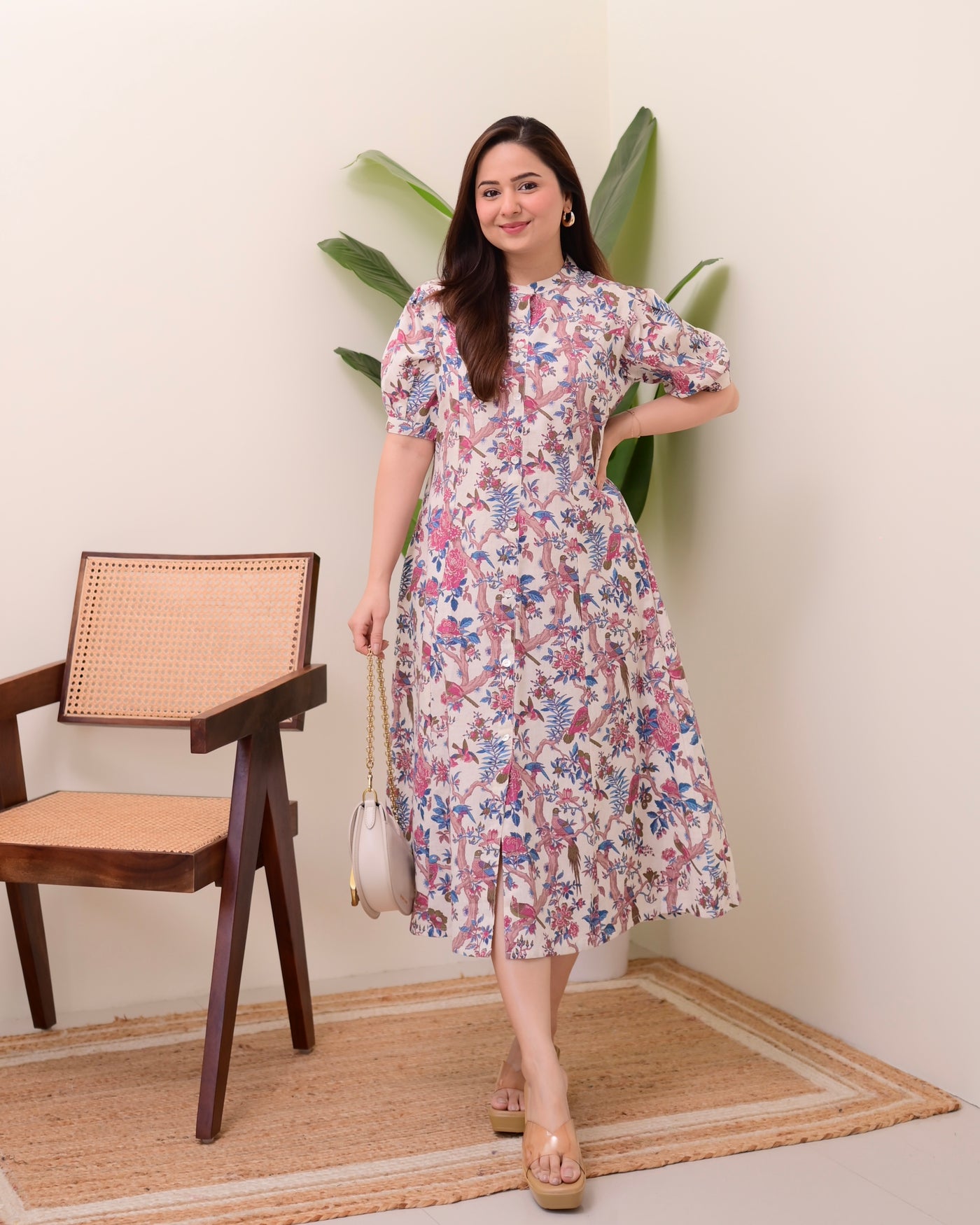 Ivory Blue Botanical Cotton A Line Dress