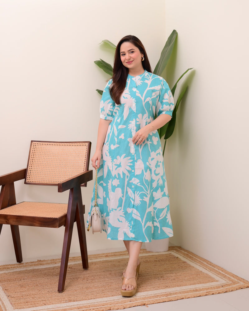 Turquoise Floral Cotton A Line Dress