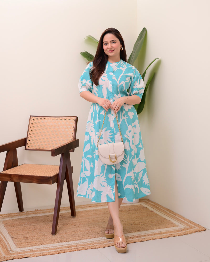 Turquoise Floral Cotton A Line Dress