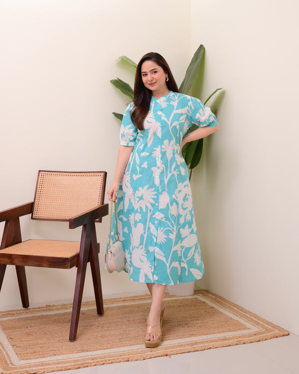 Turquoise Floral Cotton A Line Dress