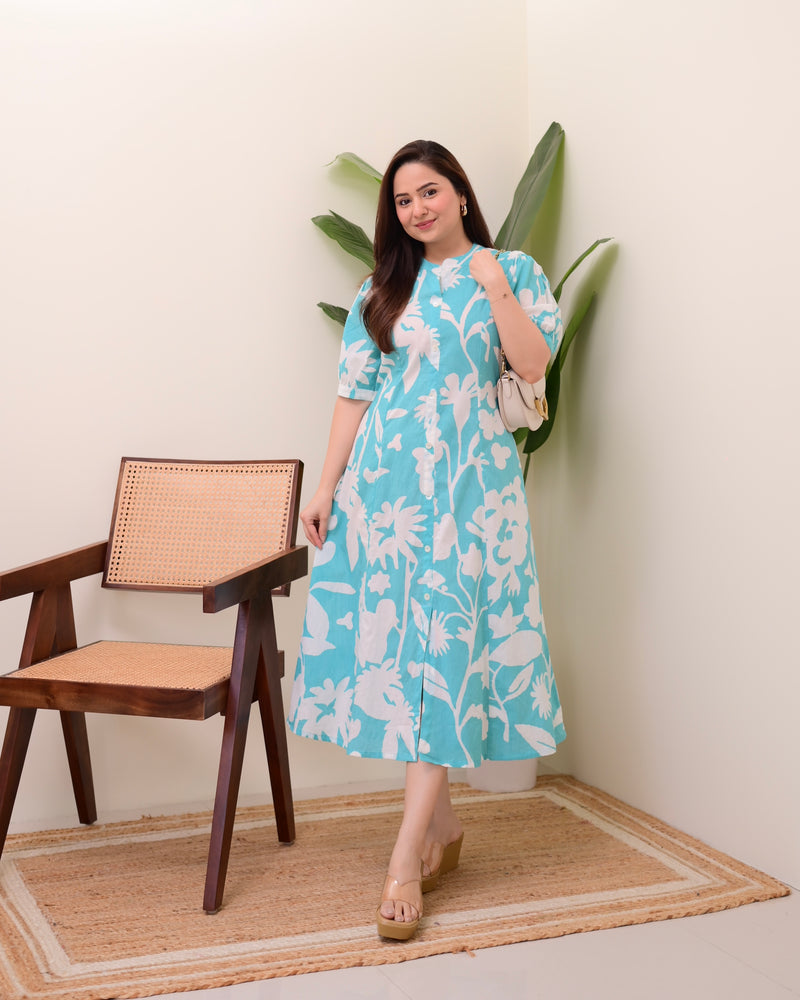 Turquoise Floral Cotton A Line Dress