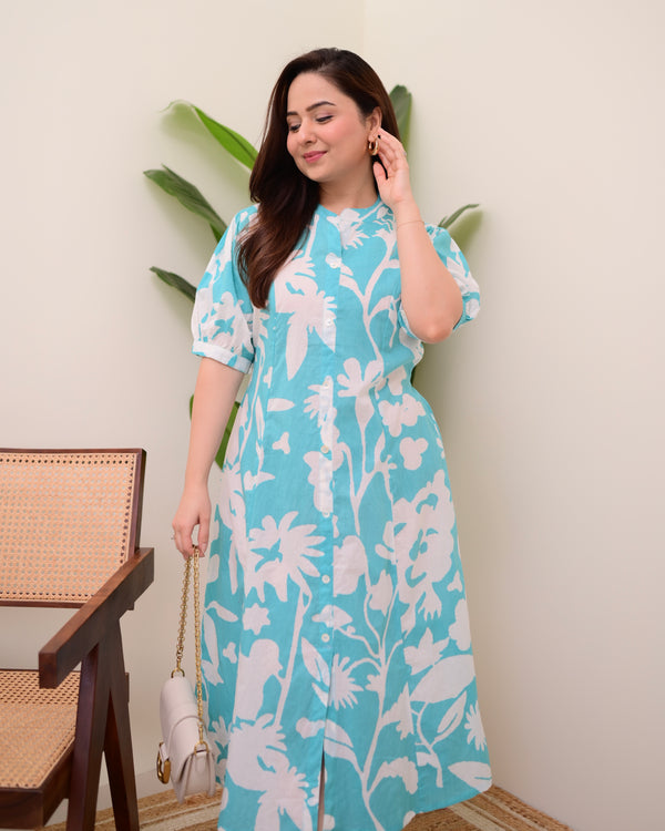 Turquoise Floral Cotton A Line Dress