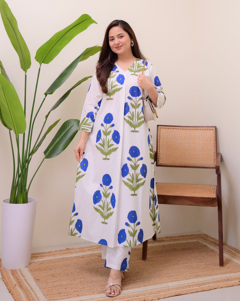 Blue Botanical Bliss Cotton A Line Kurta Set