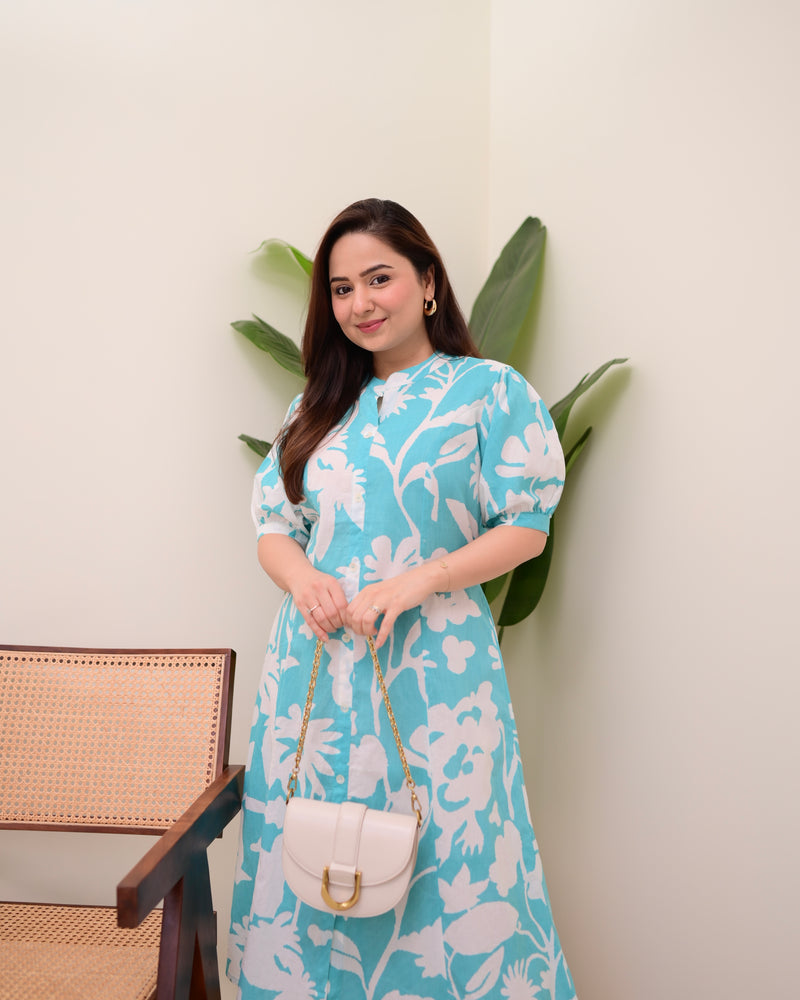 Turquoise Floral Cotton A Line Dress