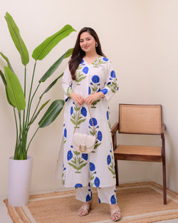 Blue Botanical Bliss Cotton A Line Kurta Set