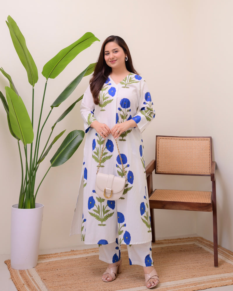 Blue Botanical Bliss Cotton A Line Kurta Set