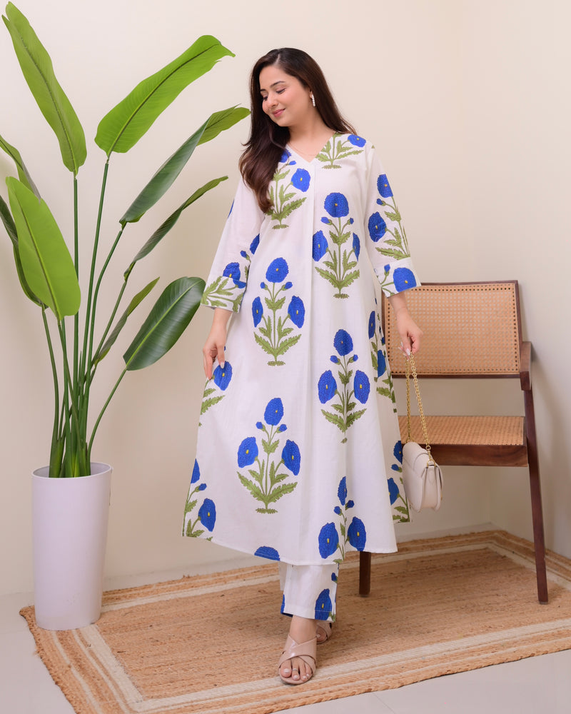 Blue Botanical Bliss Cotton A Line Kurta Set