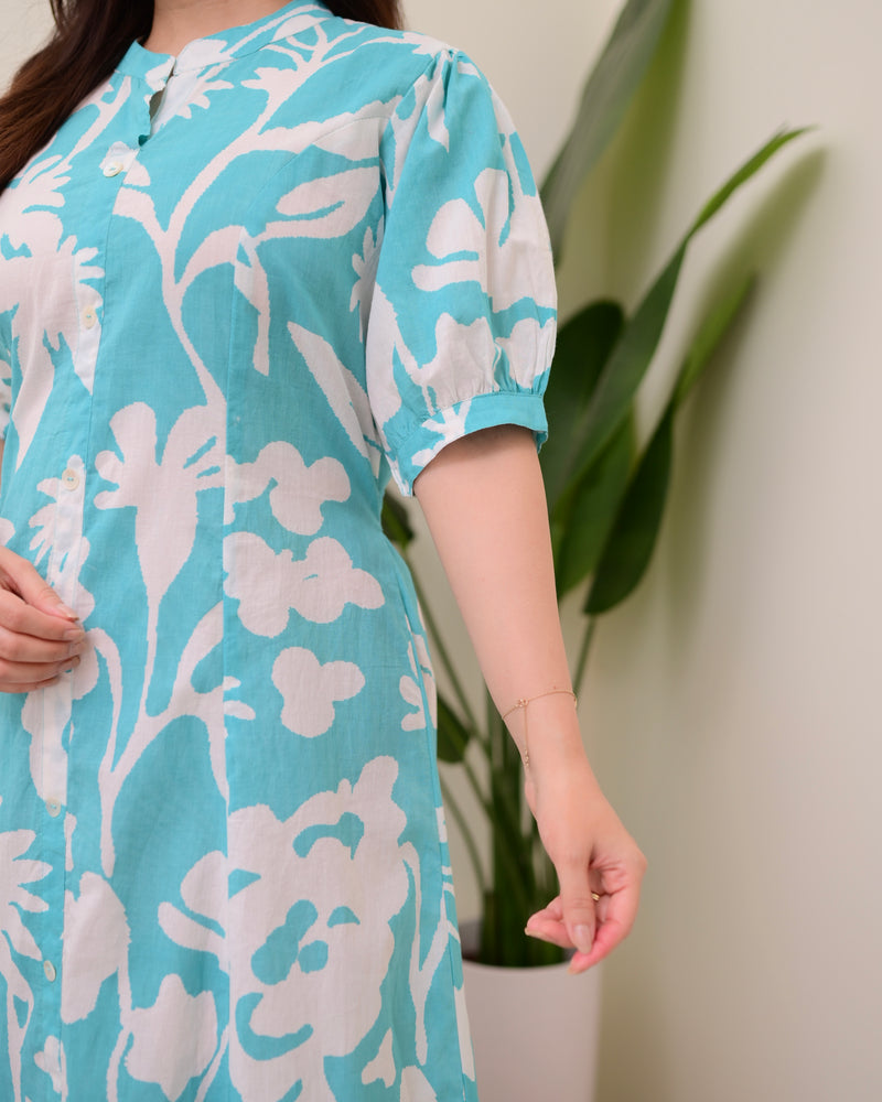 Turquoise Floral Cotton A Line Dress