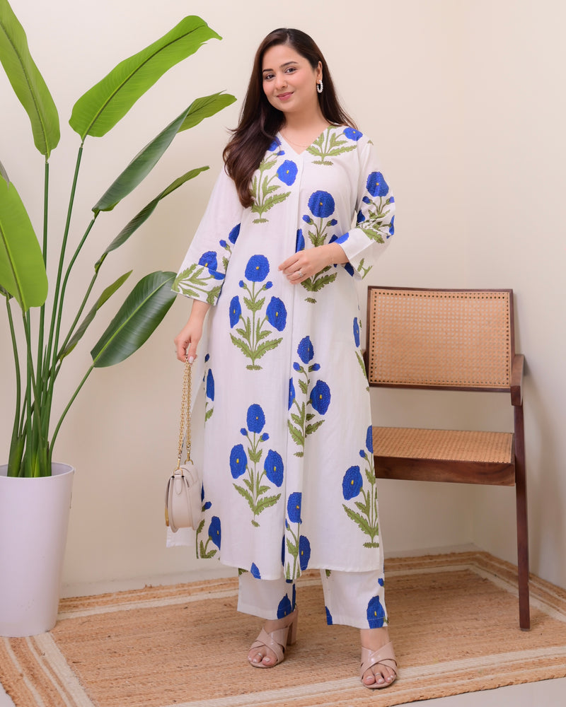 Blue Botanical Bliss Cotton A Line Kurta Set