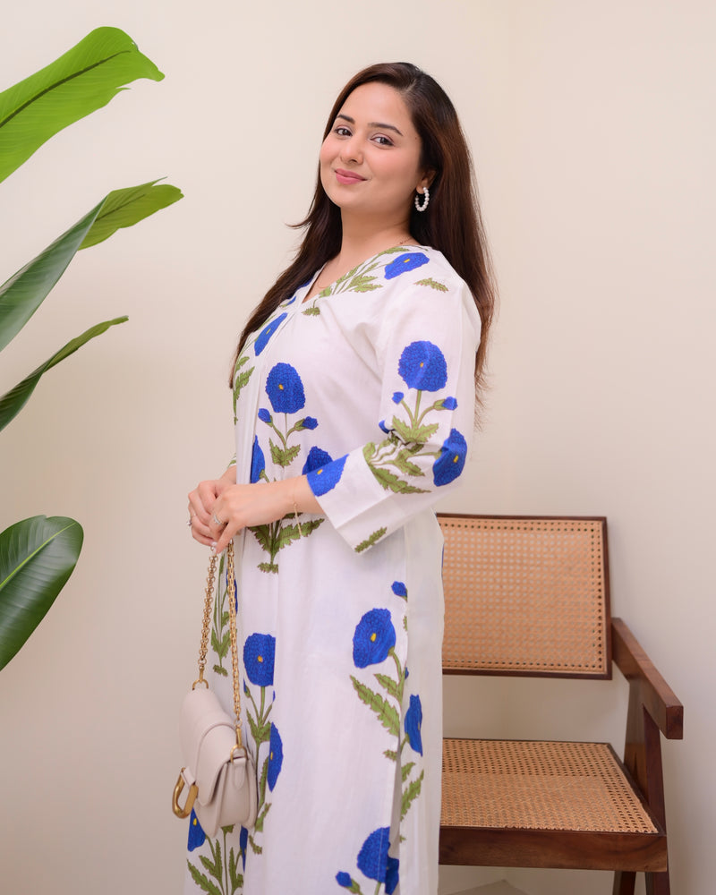 Blue Botanical Bliss Cotton A Line Kurta Set