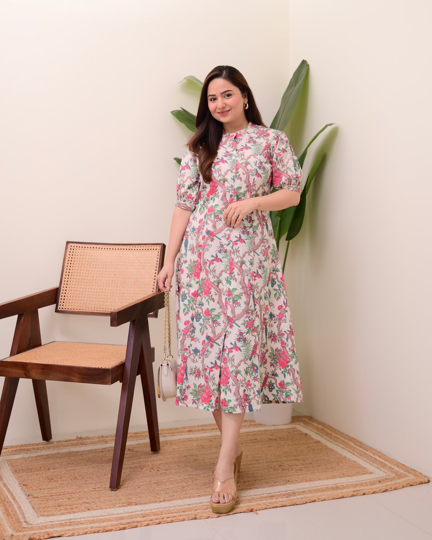 Ivory Pink Botanical Cotton A Line Dress