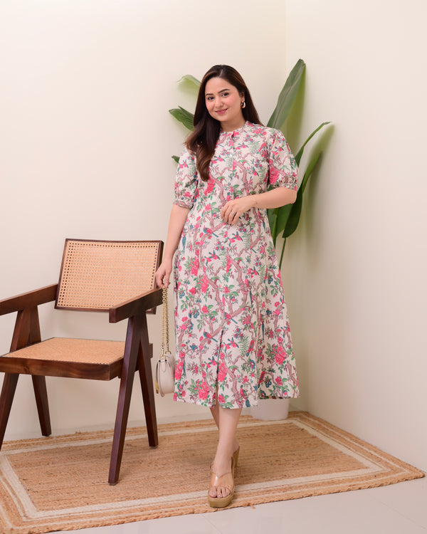 Ivory Pink Botanical Cotton A Line Dress