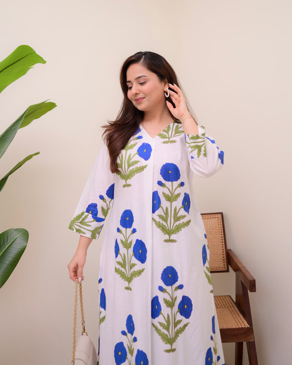 Blue Botanical Bliss Cotton A Line Kurta Set