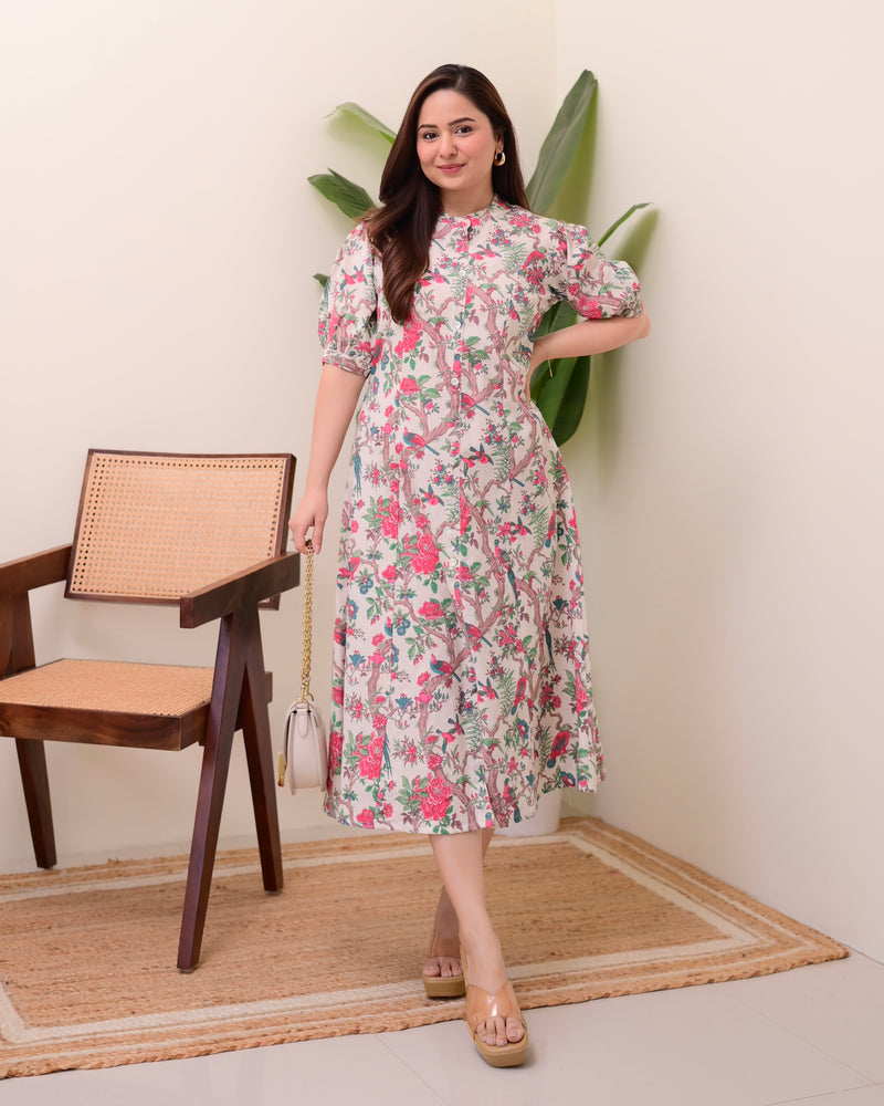 Ivory Pink Botanical Cotton A Line Dress