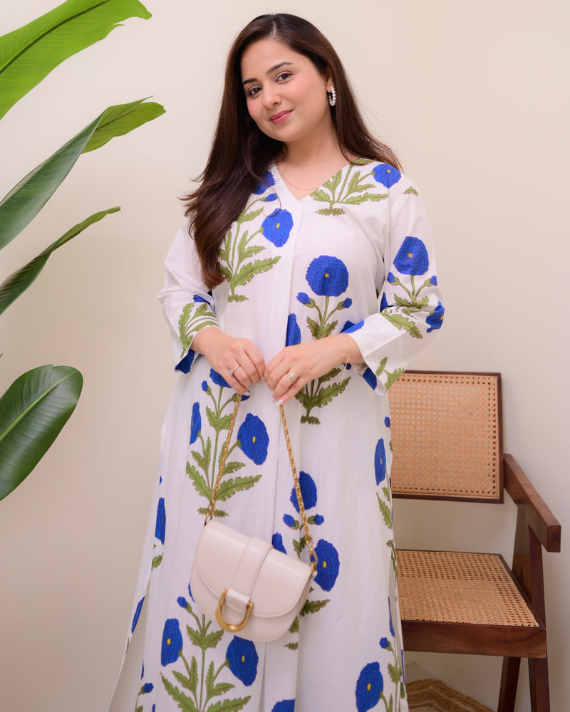 Blue Botanical Bliss Cotton A Line Kurta Set