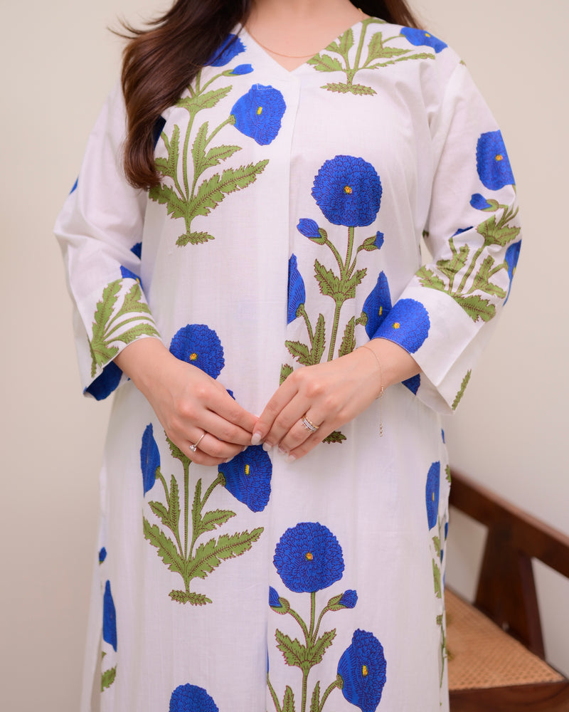 Blue Botanical Bliss Cotton A Line Kurta Set