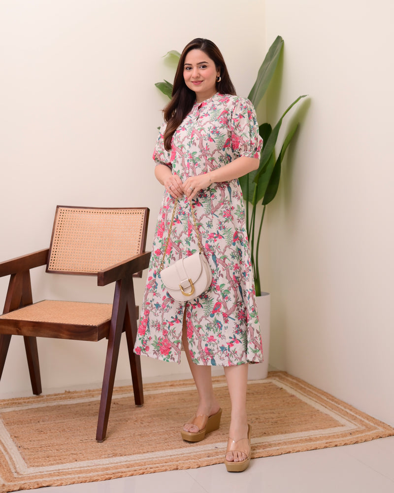 Ivory Pink Botanical Cotton A Line Dress