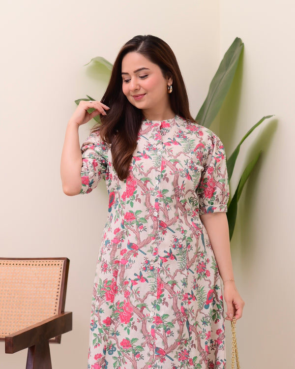 Ivory Pink Botanical Cotton A Line Dress