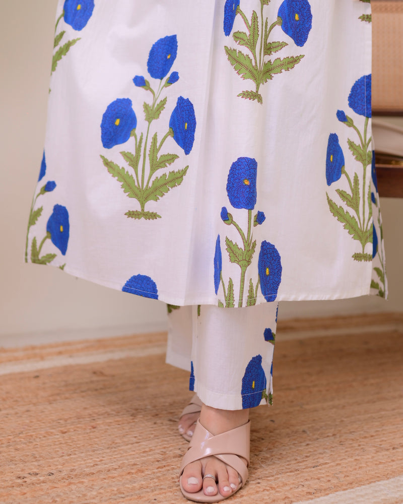 Blue Botanical Bliss Cotton A Line Kurta Set
