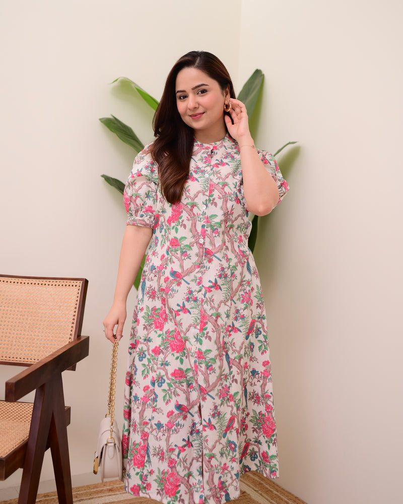 Ivory Pink Botanical Cotton A Line Dress