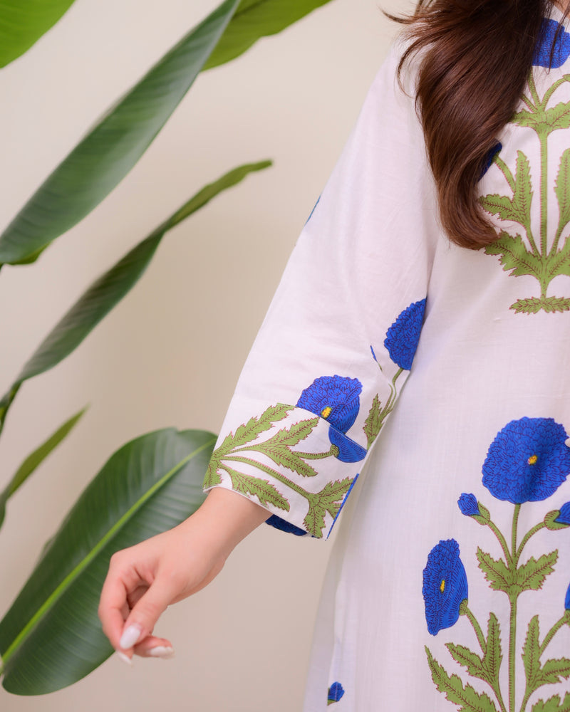 Blue Botanical Bliss Cotton A Line Kurta Set