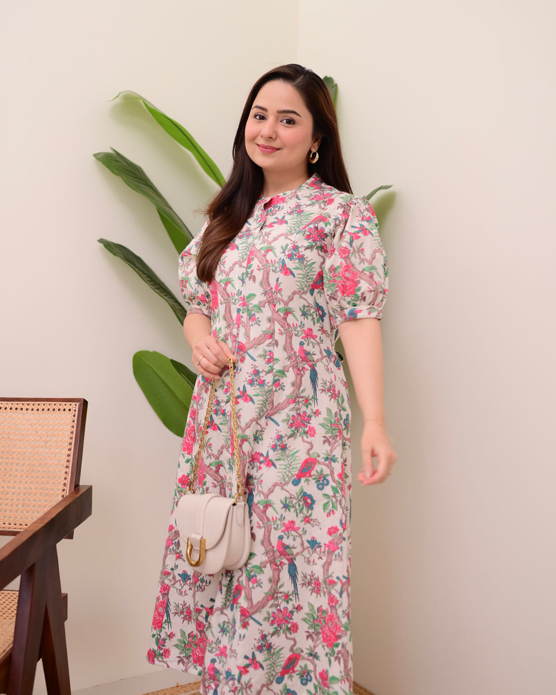 Ivory Pink Botanical Cotton A Line Dress