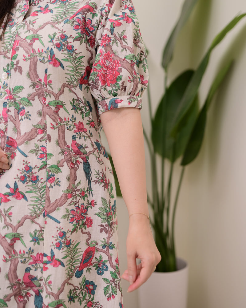 Ivory Pink Botanical Cotton A Line Dress