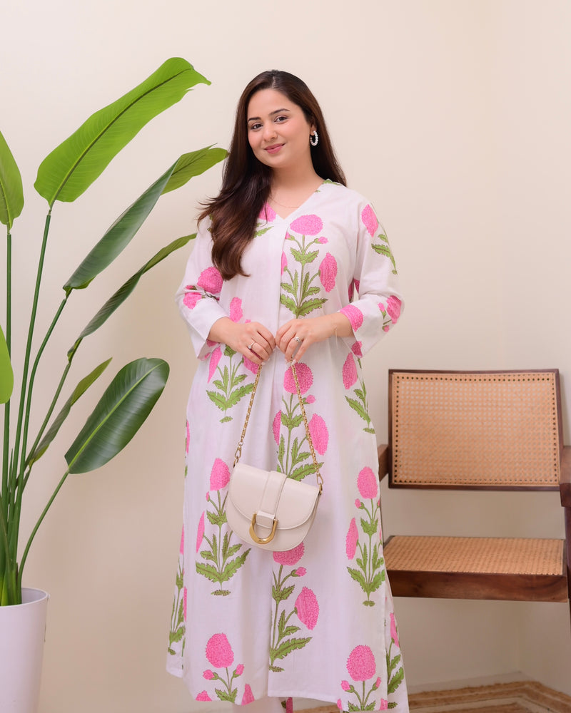 Pink Lush Bloom Cotton A Line Kurta Set
