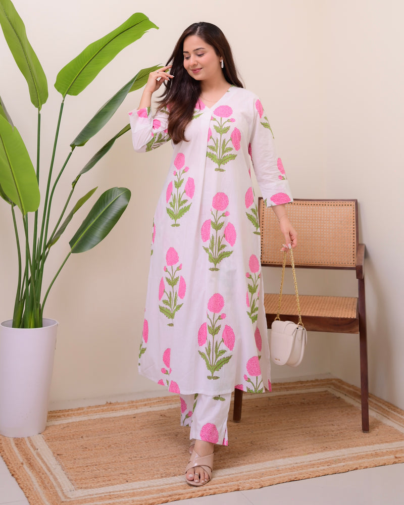 Pink Lush Bloom Cotton A Line Kurta Set