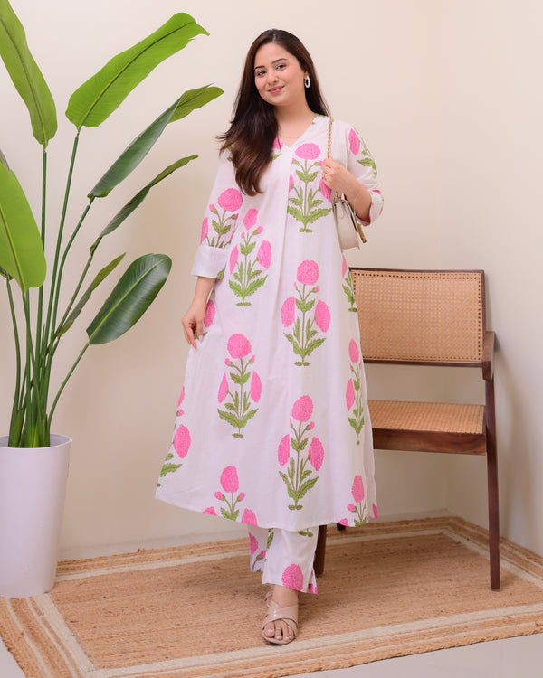 Pink Lush Bloom Cotton A Line Kurta Set