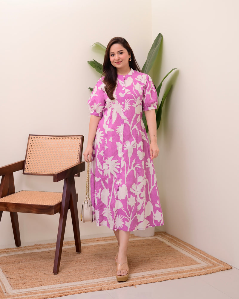 Lavender Floral Cotton A Line Dress